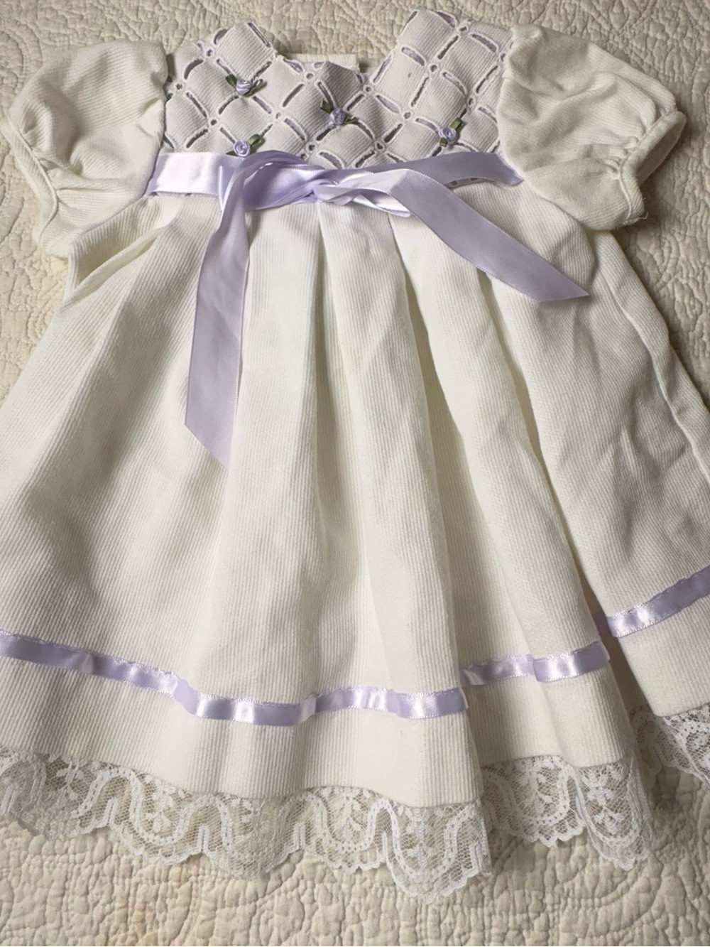 Vintage Ivory Baby Dress with Lavender Ribbon and Lace with bonnet